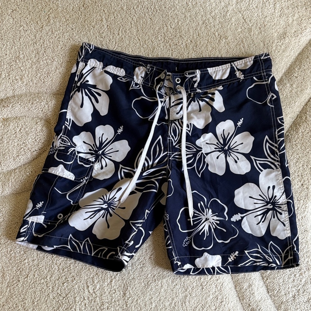 Navy Floral Hawaiian Men's Swim Board Shorts